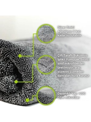 Tech Butiq 40X60CM 1200GSM Süper Su Emici Özellikli Mikrofiber Araç Kurulama Havlusu, Çizik ve Iz Bırakmaz Bez