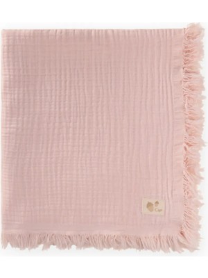 Cigit Dört Kat Püsküllü Organic Müslin Battaniye 80X120 Cm Pudra Pembe