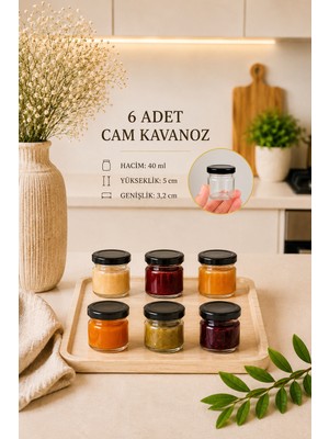 6 Adet 40 ml Metal Kapaklı  Şeffaf Numune Mama Ek Gıda Şekerleme Reçellik Küçük Cam Kavanoz
