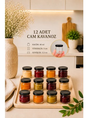12 Adet 40 ml Metal Kapaklı  Şeffaf Numune Mama Ek Gıda Şekerleme Reçellik Küçük Cam Kavanoz