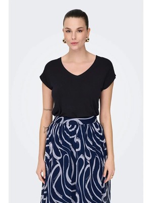 Only V Yaka Düz Siyah Kadın T-Shirt Onlrılla S/s V-Neck Top Jrs