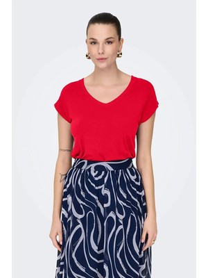 Only OnlRilla Regular Fit V Yaka Kısa Kollu Kadın T-Shirt Kırmızı (15315776)