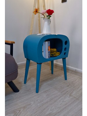 HunCar Vintage Tv Görünümlü Ahşap Yan Sehpa El Işçiliği Turquoise