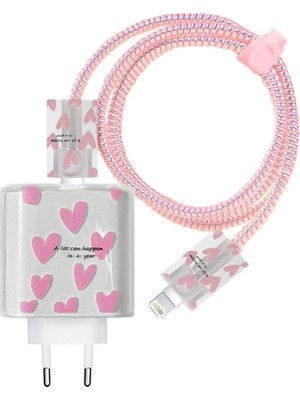Tech Butiq Psr Aksesuar Şarj Aleti Kılıfı & Kablo Koruyucu Set – 18W/20W Uyumlu | Adaptör Kılıfı, Kablo Düzenleyici, Şarj Ucu Koruyucu – 4'lü Set (Pembe))