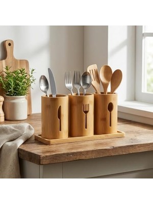 Tech Butiq 3'lü Doğal Bambu Kaşıklık Seti - Ahşap Standlı Tezgah Üstü Çatal Kaşık Bıçak Düzenleyici Şık Mutfak Organizeri (Stand: 33X13X2 Cm/kaşıklık: 10X12 Cm)