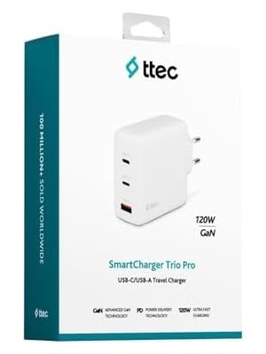 Tech Butiq Smartcharger Trio Gan 120W Pd Seyahat Hızlı Şarj Aleti 2 Usb-C+Usb-A Beyaz 2SCG04B
