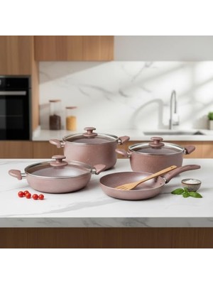 Tech Butiq Argos 7 Parça Tencere ve Tava Seti - Pembe Kırçıl Renkli Yanmaz Yapışmaz Çeyiz Paketi Cam Kapaklı (20/24/26 cm Tencere + 26 cm Tava)