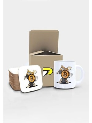 Tech Butiq Bitcoin Kriptopara Maskot Tasarımlı Baskılı Kupa Bardak Seti, Eğlenceli Özel Hediye Mug