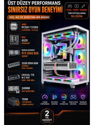 TCW10 Ryzen 7 5700X 32GB 1tb M.2 SSD RTX5060 8gb Sıvı Soğutmalı Beyaz Masaüstü Oyuncu Bilgisayarı