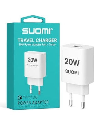 Tech Butiq Suomı 20W Hızlı Şarj Adaptörü, Pd ve Qc 3.0, Type-C Kablo Dahil, Tüm Cihazlar, Uyumlu, 2 Port, Güvenlik Çipli, Beyaz