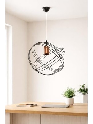 Tech Butiq Modern Endüstriyel Sarkıt Avize – Metal Geometrik Tavan Lambası, Minimalist Pendant Aydınlatma, Salon Mutfak Ofis Dekoratif Lamba (Siyah & Bakır Detay)