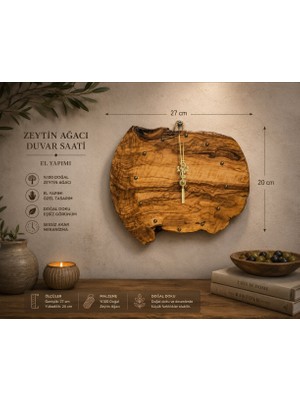 WoodBay El Yapımı Zeytin Ağacı Duvar Saati Doğal Ahşap Dekoratif Sessiz Mekanizma 27X20 cm