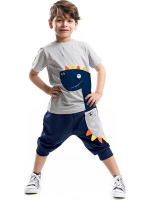 Denokids 2 Yaş Dino Desenli Erkek Çocuk T-shirt Kapri Şort Takım Gri - Lacivert Renk Seçeneği