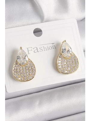 Renas Store Pirinç Gold Renk Zirkon Taşlı Damla Model Kadın Küpe - TJ-BKP9870