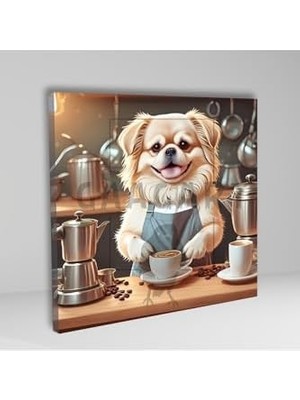 Tech Butiq Kare Kanvas Kahve Köşesi Cafe Tablosu Barista Pekinez Köpek, 40 x 40