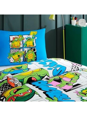 Tech Butiq Taç Turtles Four Standart Pamuk Nevresim Takımı, Yeşil, Beyaz, Mavi, Sarı, Turuncu, Tek Kişilik