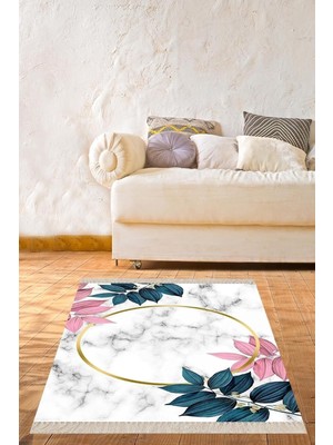 Tech Butiq Pelangi Yaprak Mermer Desenli Dijital Baskı Yıkanabilir Kaymaz Taban Modern Salon Halısı ve Yolluk, Beyaz 160 x 240