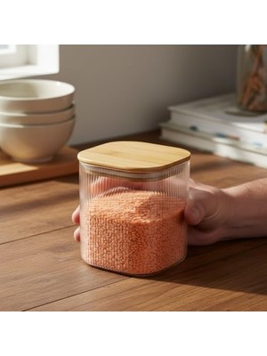Tech Butiq Bambu Kapaklı Kare Cam Saklama Kavanozu (10X10 Cm) - Vakum Kapaklı Şeffaf Erzak Kabı ve Mutfak Düzenleyici Organizatör