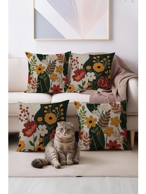 Tech Butiq Sonbahar Temalı Çiçek Desenli Kırlent Kılıfı, 43X43 Cm, 4lü Set, Italyan Kadife ve Kumaş