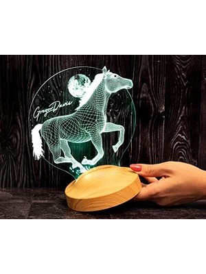 Tech Butiq Koşan At Tasarımlı Hediye, 3D At Figürlü Kişiye Özel 3 Boyutlu LED Lamba
