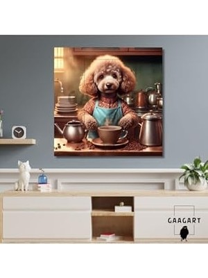 Tech Butiq Kare Kanvas Kahve Köşesi Cafe Tablosu Barista Kaniş Köpek, 70 x 70