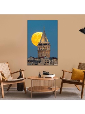 Tech Butiq Tekli Dikey Kanvas Duvar Tablosu Istanbul Galata Kulesi ve Ay 50 x 70 GARTNM7124