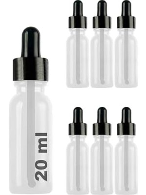 Tech Butiq 20 ml Metal Kapaklı Damlalık Dropper Şişesi Serum 20 cc Cam Şişe 6 Adet (Siyah Kapak, Şeffaf)