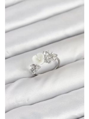Renas Store Pirinç Gümüş Renk Çiçek Model Zirkon Taşlı Kadın Yüzük - TJ-BYK3879