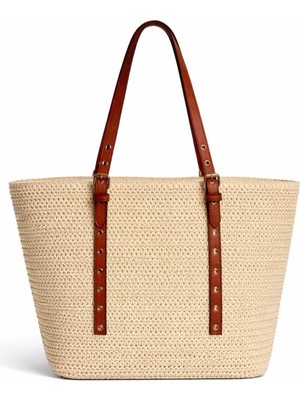 PaminBags Aksesuar Paminbags Deri Garnili Tote Hasır Çanta PMN0012