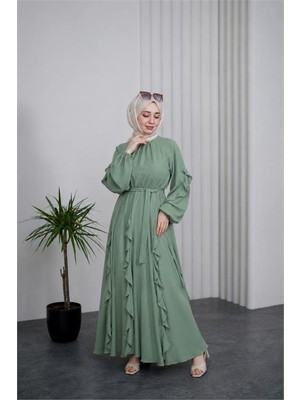 Neşeli Butik Kadın Mint Yeşili Fırfırlı Kuşak Detaylı Yazlık Premium Tesettür Elbise --- NBVQ3150