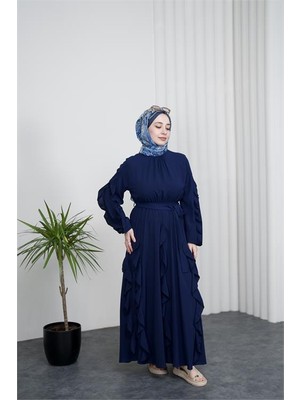 Neşeli Butik Kadın Lacivert Fırfırlı Kuşak Detaylı Yazlık Premium Tesettür Elbise --- NBVQ3150