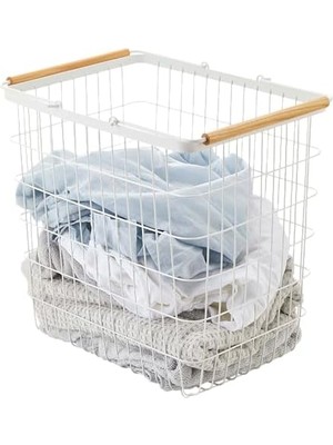 Tech Butiq 2810 Büyük Çamaşır Sepeti, Beyaz, Çelik/ahşap, Minimalist, 41,5 x 31 x 38,5 cm