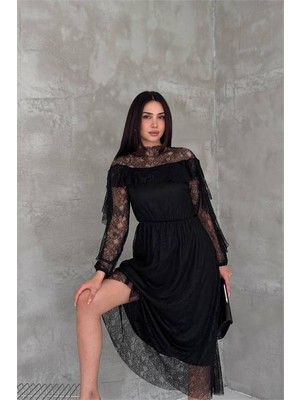 Neşeli Butik Kadın Siyah Transparan Dantel Detaylı Tül Midi Elbise --- NBK4571