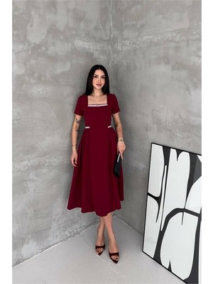 Neşeli Butik Kadın Bordo Kare Yaka Taş Detaylı Etek Drapeli Midi Boy Elbise ---- NBK4621