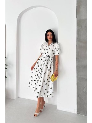 Neşeli Butik Kadın Beyaz Gömlek Yaka Balon Kol Çiçek Baskılı Yazlık Midi Elbise -----NBK4617
