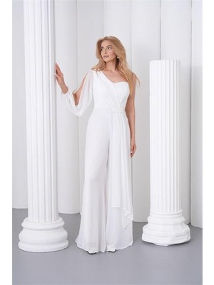Neşeli Butik Kadın Beyaz Tek Kol Astarlı Tül Kumaş Tasarım Abiye Tulum NBS9389