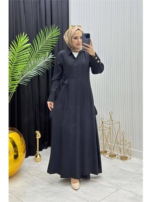 Neşeli Butik Kadın Siyah Kol Düğme Detaylı Beğlamalı Tesettür Ferace Elbise --- NMS097