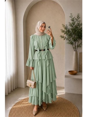 Neşeli Butik Kadın Mint Yeşili Fırfır Detaylı Üst Kat Kat Volanlı Etek Ikili Tesettür Takım ---NBVQ3159