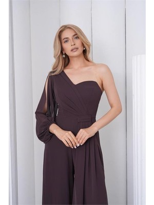 Neşeli Butik Kadın Kahverengi Tek Kol Astarlı Tül Kumaş Tasarım Abiye Tulum NBS9389