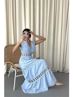 Neşeli Butik Kadın Bebe Mavi V Yaka Güpür Detaylı Kat Kat Kolsuz Tasarım Elbise NBMS23179