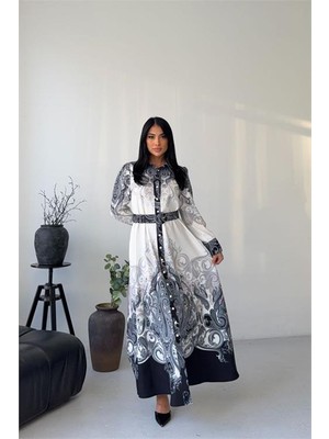 Neşeli Butik Kadın Siyah Gömlek Yaka Kemer Detaylı Desenli Tasarım Elbise NBMS2648