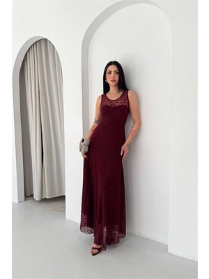 Neşeli Butik Kadın Bordo Transparan Detaylı Tam Boy Astarlı Dantel Elbise NBK4619