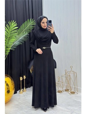 Neşeli Butik Kadın Siyah Sandy Kumaş Degaje Yaka Kemer Detaylı Tesettür Elbise---- NMS096