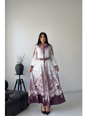 Neşeli Butik Kadın Mor Gömlek Yaka Kemer Detaylı Desenli Tasarım Elbise NBMS2648