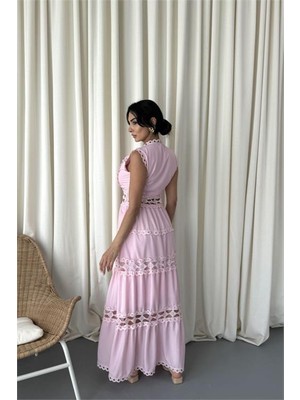 Neşeli Butik Kadın Pembe V Yaka Güpür Detaylı Kat Kat Kolsuz Tasarım Elbise NBMS23179