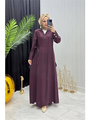 Neşeli Butik Kadın Bordo Kol Düğme Detaylı Beğlamalı Tesettür Ferace Elbise --- NMS097