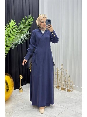 Neşeli Butik Kadın Lacivert Kol Düğme Detaylı Beğlamalı Tesettür Ferace Elbise --- NMS097