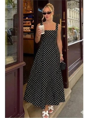 Neşeli Butik Kadın Siyah Kalın Askılı Puantiye Desenli Tam Boy Elbise NBNP028
