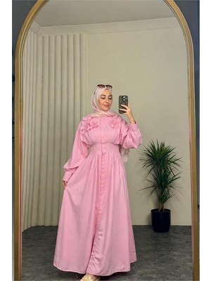 Neşeli Butik Kadın Pembe Belden Oturtmalı Çiçek Detaylı Premium Tesettür Elbise NBVQ4933
