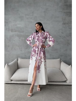 Neşeli Butik Kadın Mor Kemerli Uzun Desenli Gömlek Elbise NBMS4220